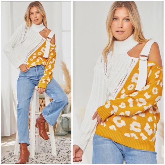 Sweaters - SOLD OUT Marigold Leopard Print Cable Knit Long Sleeve Cold Shoulder Sweater
